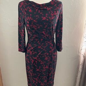 Lauren Ralph Lauren Size 4 Red and Black Ruched Sheath Dress with Cowl Neck